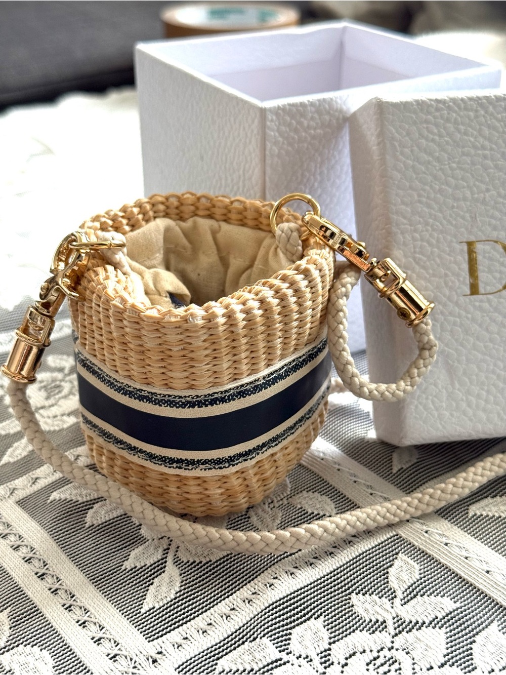 Dior Natural Beige Woven Mini Crossbody with Navy Logo Band - Picture 4 of 4